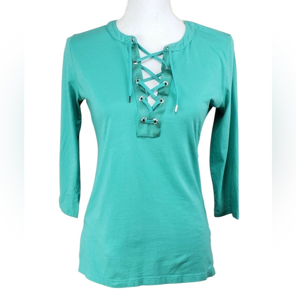 Lauren Ralph Lauren Women's Size L Teal Green 3/4 Sleeve Lace Up Neck Popover